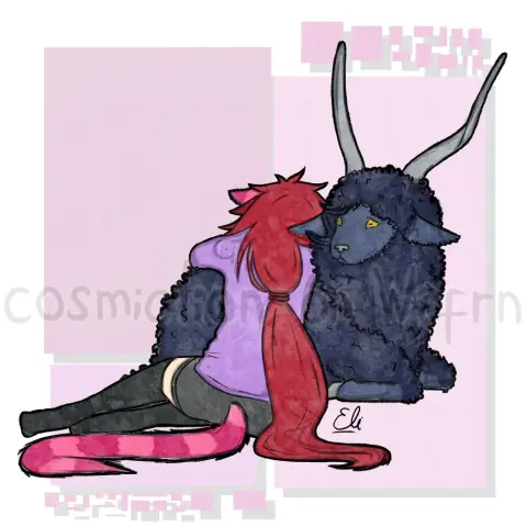 Digital flat color illustration of Grell Sutcliff from Black Butler (in her Cheshire Cat form from the Ciel In Wonderland OVA) and Belmon, a goat demon. Grell is wearing a long sleeved light purple t-shirt, a grey short and black stockings. Her hair is tied in a loose ponytail. Belmon has dark blue curly fur, lighter blue ears and face, yellow eyes and grey nose, hooves and horns, the latter long, slightly curved and pointing upwards. They are lying on the floor with a sad face and Grelle is lying over them in a dramatic pose with her back turned on the viewer. The background is white with a pattern of light purple squares.