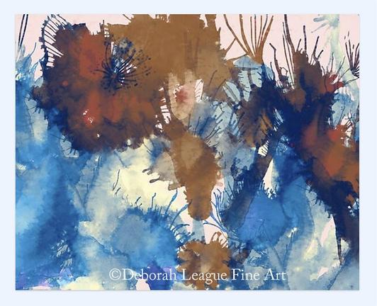Pretty impressionistic flower garden in blues and browns. A joyful explosion of ink on canvas that makes beautiful wall art as well as items of home decor and wearable art.