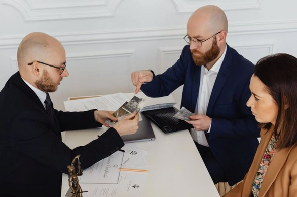 Man at desk with couple on other side of desk handing him photos. By Kaboompics.com via Pexels
