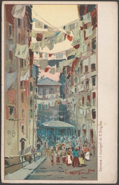 Printed colour postcard showing an illustration of the Truogoli di Santa Brigida in Genoa, Italy.

Published by A Scrocchi, Milano, No 3322-9 (1088 / 6-6-917), c.1910s.

Postally unused.

Good condition, with slight corner bumps.