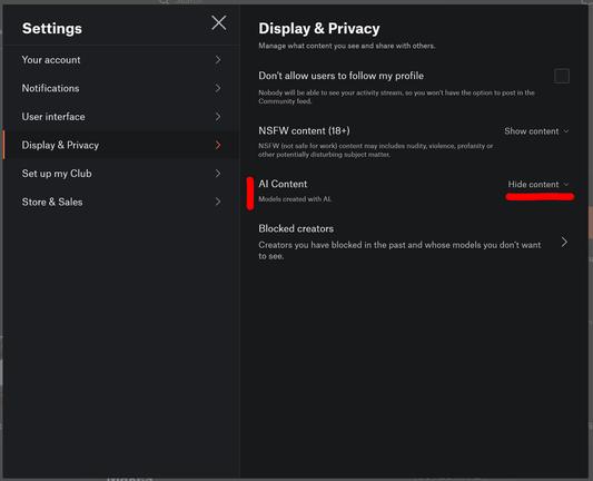 screenshot der Settings von printables.com in der Kategorie "Display and Privacy"

der eintrag "AI Content" ist mit einem roten Strich markiert