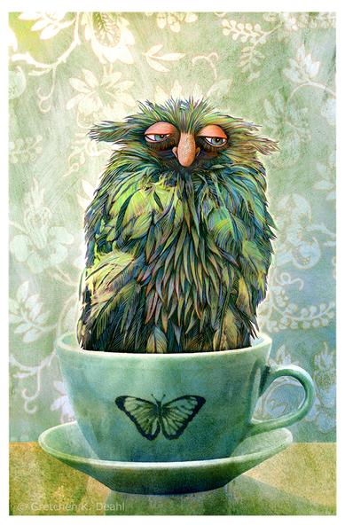 Set against a wallpaper backdrop of pale flowering vines, a porcelain teal teacup sits on a plate. In the cup, a sleepy, feathered green-blue monster tilts slightly sideways, Its large droopy eyes and large pink nose look out in a drowsy gaze.