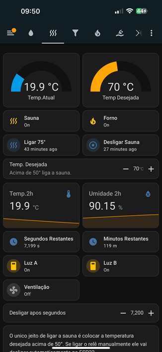 Home assistant page with settings and curves for a sauna shows current temperature / desired temperature