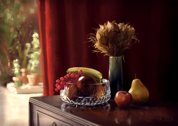 A digital painting of an arrangement of objects on a shiny wooden side table. Red grapes, bananas, red apples in a clear crystal fruit bowl, a vase of yellow and brown dried flowers behind, and another apple and a pear in front. The backdrop is a deep red velvety curtain, with a window beyond through which bright sunlight shines on indistinct pot plants and shrubs outside.