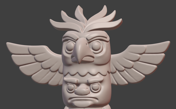 Blender 3D viewport screenshot, showing a stylized multi-head tiki totem pole in progress.