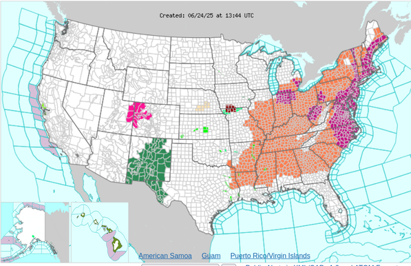 Map of US, most of the midwest and east coast has heat warnings