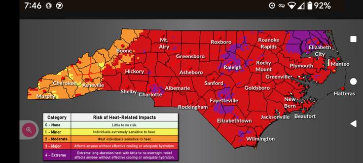 screenshot of an experimental heat risk map of North Carolina for today (June 24, 2025). The vast majority of the state, save for the highest of the mountains in the west, is either red (High risk) or purple (extreme risk)