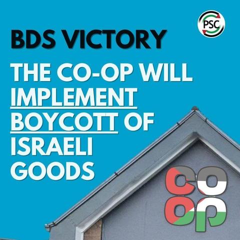 Image of a blue sky and the peak of a roof. The logo for the UK-based Co-op grocery chain is seen overlaid with the Palestine flag. Text on the image reads, "BDS Victory. The Co-op will implement a boycott of Israeli goods."