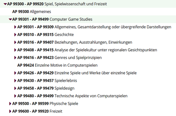 Screenshot eines Überblicks über den neuen Bereich in der RVK zu Computer Game Studies; für eine Textdarstellung siehe den Link im Toot