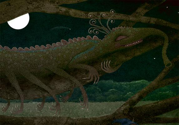 Seated on the branch of a tree, along with two other monster friends, a little blue monster nods off to sleep. One friend is tucked into the crook of the tree with a leaf for a blanket. The other is sprawled out on the branch above with all of its many legs dangling on either side.