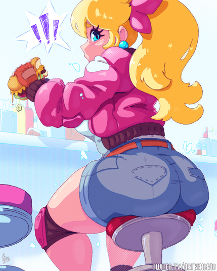 Digital Art. Princess Peach from Mario Kart World wearing her new Touring outfit from that game while eating a burger at a diner. Peach is surprised looking behind her in the direction of viewer. The seat she is sitting on is getting squashed by her tush.