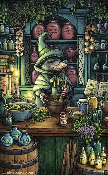 Ink, watercolor, and acryla gouache illustration of a witch mole in an apothecary setting, crushing herbs in a mortar, surrounded by potions and jars and books and other such items.