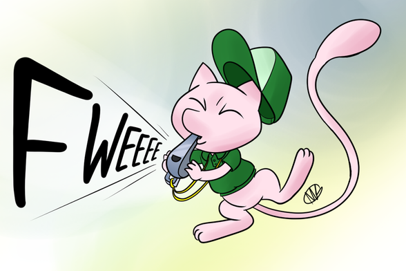 The Pokémon, Mew, wearing a green baseball cap and a green polo shirt, holding an oversized whistle. The Mew is blowing the whistle with a "FWEEEE" sound. This is an attempt to make Mew look like a t-ball coach blowing a whistle.