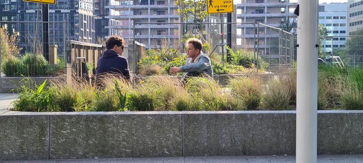 Two young men sitting in the sun on the far end edge of a huge, grey stone planter full of green shrubs, partly obscuring them, against a background of more planters and office buildings.

The man on the right is wearing a light blue, denim jacket. He's facing the person on the left, his left leg on the edge of the planter with his arm draped over it. He's holding a beer in his left hand.

The man on the left is wearing a dark blue jacket and sunglasses. He's sitting with his back towards the viewer,  his head turned towards the person on the right.