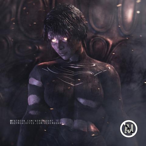 portrait of brunette supergirl with short hair and torn outfit