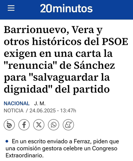 Titular de 20Minutos: «Barrionuevo, Vera y otros históricos del PSOE exigen en una carta la "renuncia" de Sánchez para "salvaguardar la dignidad del partido"»