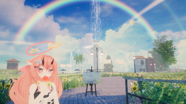 A picture of a paved road in the middle of a flower field leading to a lighthouse beneath a rainbow. In the foreground, an avatar is eating watermelon and a painting is on an easel in the middle of the road.