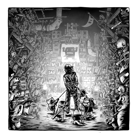 A blindfolded and tied up man is being dragged into a large arena like space by small, moster-like creatures. The arena, which is in fact a tribunal, is filled up to the ceiling by the same small creatures, all screaming towards the person.