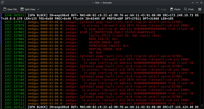 A screenshot of `dmesg` output showing the `amdgpu` driver showing a `ring gfx_0.0.0 timeout` and basically halting the displays for 10 seconds due to a page fault.