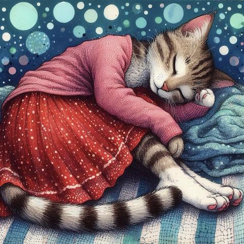 KI-Bild (DALL•E3):

Die Kaffeekatze schläft zusammengerollt auf ihrem Bett. Eigentlich hatte sie sich hübsch gemacht im roten Chiffonkleidchen und mit rosa Strickjäckchen. Aber Schnurrschnarchen geht vor! Und das Katz ist darin natürlich Expertin.