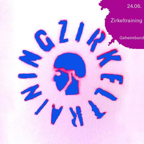 Kreisförmiges Logo: In der Mitte ein Kopf im Profil, darum kreisförmig in blau-pinker Schrift das Wort "Zirkeltraining".
