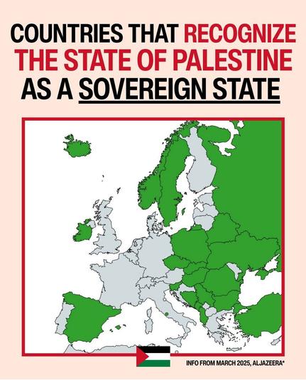 Countries that recognise the state of Palestine as a sovereign state:

Marked in green on the map are Iceland, Norway, Sweden, Russia, Ireland, Poland, Belarus, Ukraine, Czech Republic, Slovakia, Hungary, Romania, Spain, Slovenia, Bosnia-Herzegovina, Serbia, Montenegro, Albania, Bulgaria, Turkey.