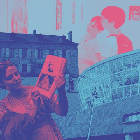 Collages photos : visite guidée Destination Rennes, les Champs Libres, l'Écomusée de la Bintinais et visite guidée au 40mcube (Rennes)=
en trichromie rose, bleu turquoise et bleu foncé