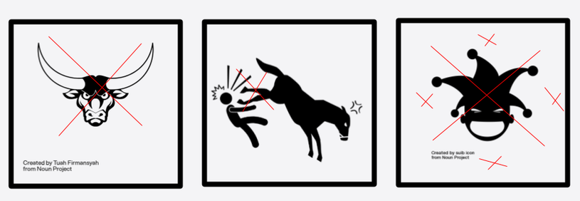 The three comic strip panels have red Xs over the images: bull's head, horse kicking a human, and jester.