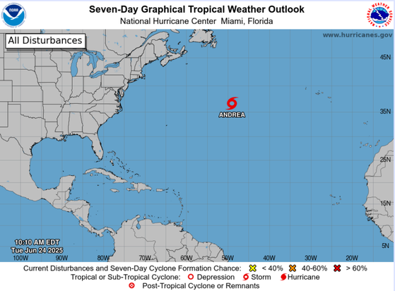 Storm on a map, Andrea in the middle of the Atlantic