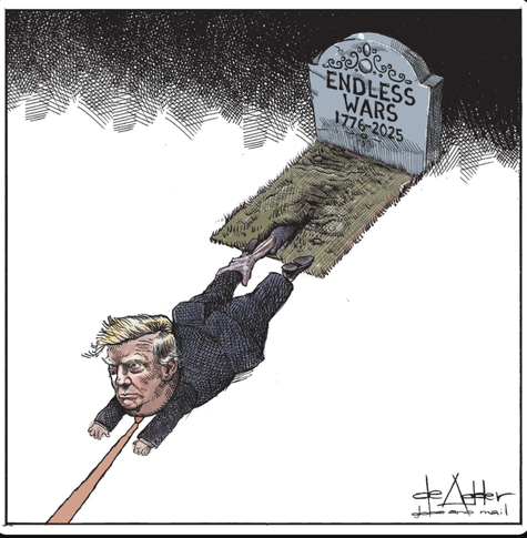 President Donald Trump on ground being pulled into a grave marked with headstone labeled Endless Wars 1776-2025