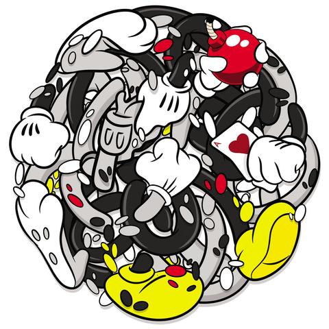 Surreal cartoon-style artwork featuring a chaotic tangle of gloved cartoon hands, yellow shoes, and various classic animation elements like playing cards, a red bomb, and old-school cartoon expressions, resembling a deconstructed Mickey Mouse aesthetic.