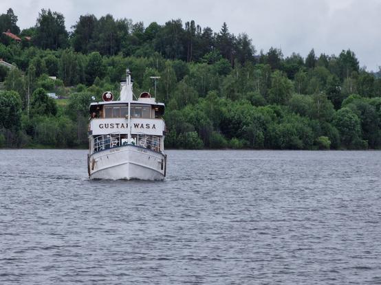 A classic passenger ship, heading towards the photographer. The ship, M/S Gustaf Wasa, has two decks. It's white with the name prominently painted on the upper deck. The colours of the lake and the forested shore are muted in the rainy weather.