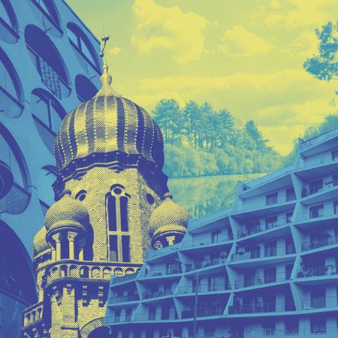 Collages photos de l'immeuble du square de Terre-Neuve, l'église de Corps‑Nuds, la Vallée de la Vilaine et l'immeuble le Trimaran (Rennes)
en trichromie jaune, bleu turquoise et bleu foncé