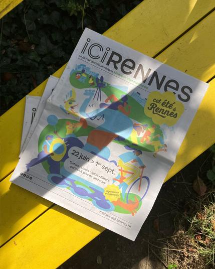 Couverture du journal Ici Rennes, spécial Cet été à Rennes, avec des personnages illustrés représentant les activités proposées (sport, concert, ciné plein air, balades, etc.)