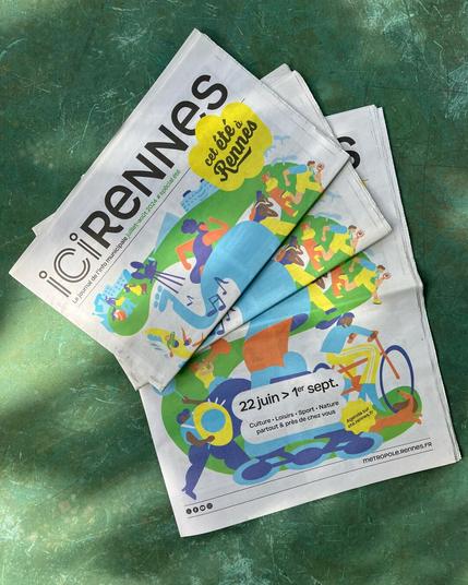 Couverture du journal Ici Rennes, spécial Cet été à Rennes, avec des personnages illustrés représentant les activités proposées (sport, concert, ciné plein air, balades, etc.)