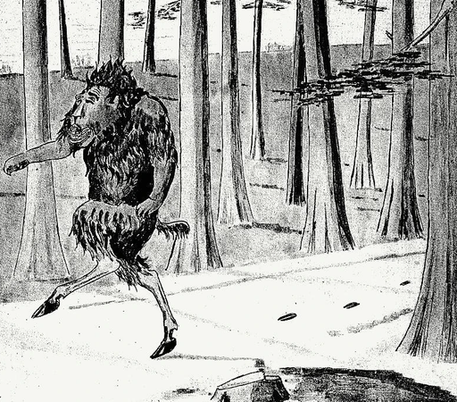 The tote-road shagamaw walks on its hind legs through the woods to confuse hunters. An illustration by Coert du Bois.