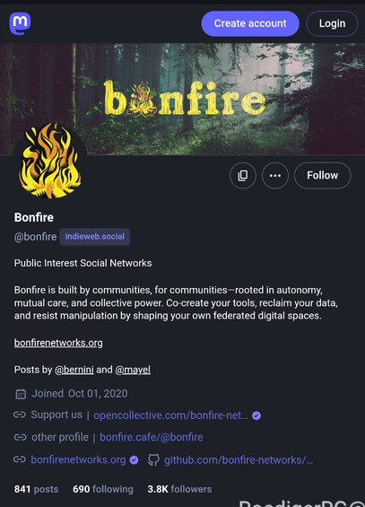 The screenshot is showing one impression of the Mastodon profile of the Bonfire project. It shows the logo  (a cartoon fire) and some text about the public service network.