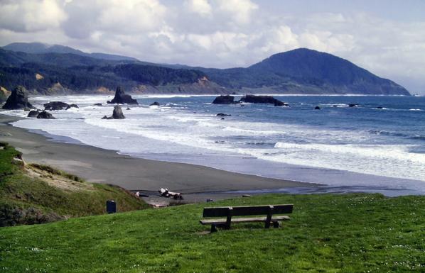 A green meadow sprinkled with small white flowers on a slight rise along the Pacific coast of Oregon. The sky is a soft blue with many billowing clouds. A beautiful blue bay with many majestic craggy sea stacks. Impressive waves are crashing against those rocks and the beach of dark beige sand. A sea cliff of varying height borders the beach, backed by a series of rugged wooded ridges. A mountain rises behind them, its top brushed by the clouds. At the far end of the bay, the sea cliff rises to a lofty mountain right against the shore.