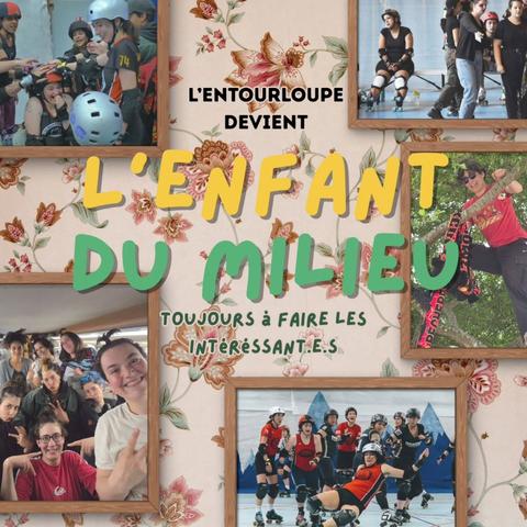 Montage de plusieurs photos des membres de l’Enfant du Milieu. On les voit toustes dans un train avec une couette sur le sommet du crâne, ou encore en maillot et protections en train de tapoter sur la tête d’une joueuse