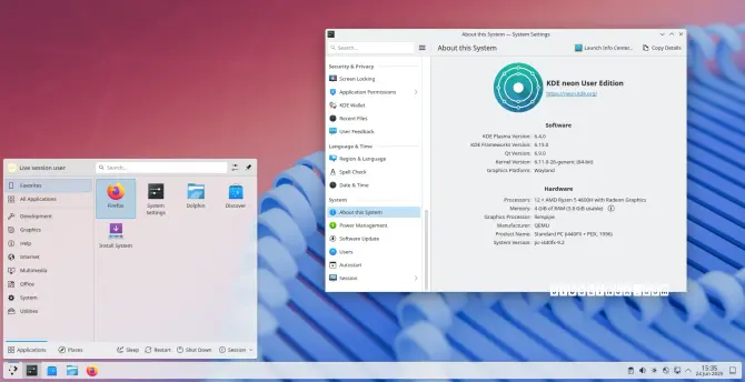 Screenshot of KDE Plasma 6.4.1 showing the Kickoff applications menu and the System Settings app.
