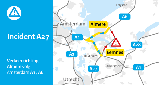 Incident A27 Verkeer richting Almere volg Amsterdam A1, A6