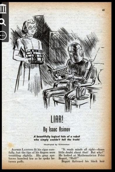 Drawing of a robot sitting on a chair, reading a book called Purple Passion, with a woman (Susan Calvin, the robot psychologist) bringing him more books to read.