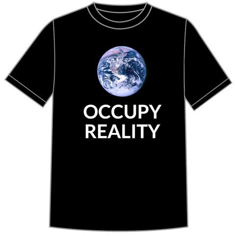 Black t-shirt with picture of Earth taken from space; 'OCCUPY REALITY' beneath it. Meant as a clap-back to a shirt Musk was seen wearing with a picture of Mars saying 'Occupy Mars'.