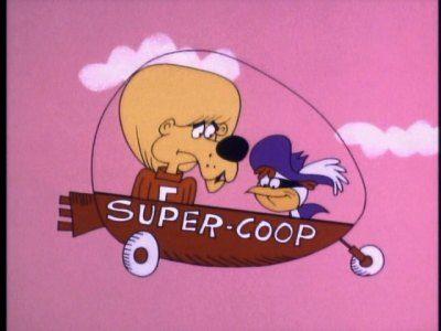 A still from a cartoon. An egg shaped flying vehicle. Moving from left to right against a pink (?) sky with a couple of clouds. The lower quarter of the vehicle is dark red with a propulsion device at the rear, fixed landing gear, and "SUPER-COOP" in white paint on the side. The upper portion is a clear dome. Inside the dinner are Super Chicken (right) and his sidekick Fred (a lion, left). SC and Fred are having a conversation and looking down from the Super-Coop. Neither appears to be actually steering.

Fred is about 3 times the size of SC, with an enormous mane. He is wearing a red varsity shirt with the letter F partly visible on the front. 

Super Chicken wears a mask, a purple cape, and a floppy purple hat with a white plume.