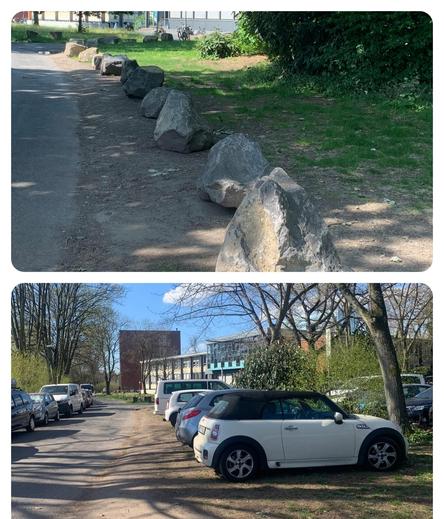 Das Bild besteht aus zwei Teilen. Im oberen Teil sieht man eine gepflasterte Straße, die von einer Reihe großer, natürlicher Felsen gesäumt wird. Die Felsen sind unterschiedlich groß und liegen auf dem Boden, was eine natürliche und ungestörte Umgebung schafft. Der Weg führt durch ein grasbewachsenes Gebiet mit Bäumen im Hintergrund, und es ist ein sonniger Tag.

Im unteren Teil des Bildes ist eine Straße zu sehen, an der mehrere Autos geparkt sind. Ein weißer Mini Cooper ist im Vordergrund zu sehen, und dahinter sind weitere Autos, darunter ein weißer Van. Die Straße führt durch ein Gebiet mit Bäumen und Büschen, und im Hintergrund ist ein Gebäude mit einer Glasfassade und einem roten Backsteinabschnitt zu erkennen. Der Himmel ist blau mit ein paar weißen Wolken, und es scheint ein sonniger Tag zu sein.