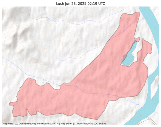 Visual map representation of the Lush wildfire, showing the perimeters of the 7095.94 acre fire on a map.