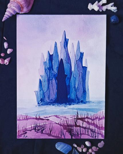 Acrylic ink painting of a fantastic seascape, representing a sort of magical portal leading to another dimension.
