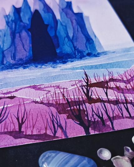 Acrylic ink painting of a fantastic seascape, representing a sort of magical portal leading to another dimension.
