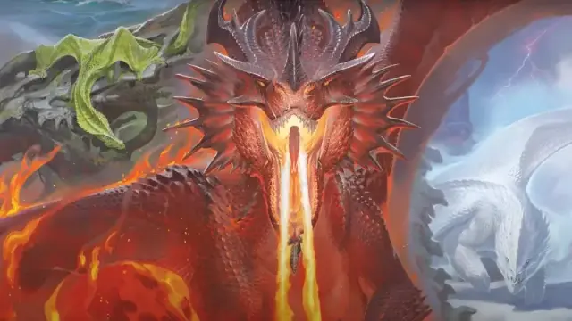 Official artwork from the D&D Dragon Delves anthology, featuring a red dragon breathing fire and flanked by a green and white dragon on either side.