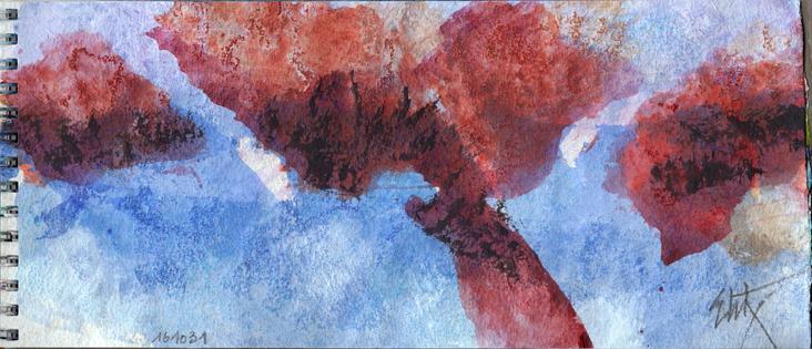 Abstract painting in landscape format on a sketchbook; On a blue background, 3 dark red blobs with black drawings inside each. Center blob expands upward and has a bottom right arm